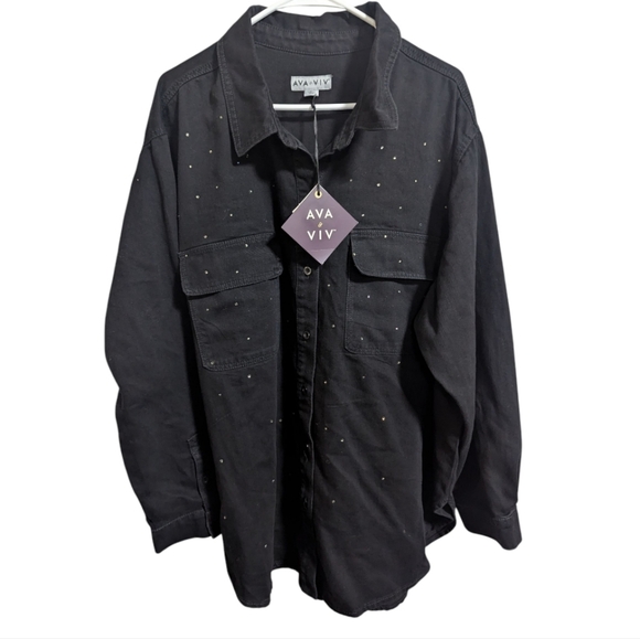 Ava & Viv Women's Button-Up Shirt Jacket 3X Shacket Black Rhinestones - Picture 1 of 5